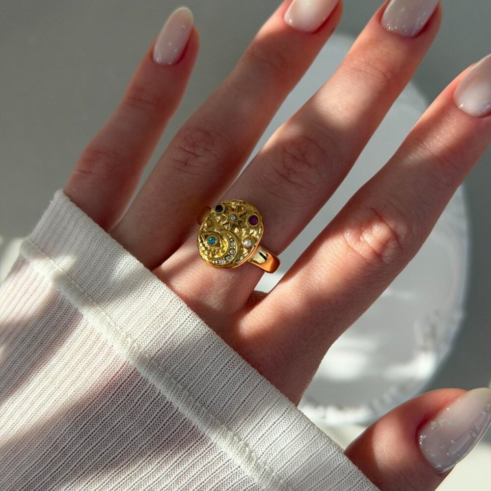 Sku0524 Retro Gold Gem Stone Women Moon/Star Shape Ring Stainless steel+gift box - Picture 4 of 5